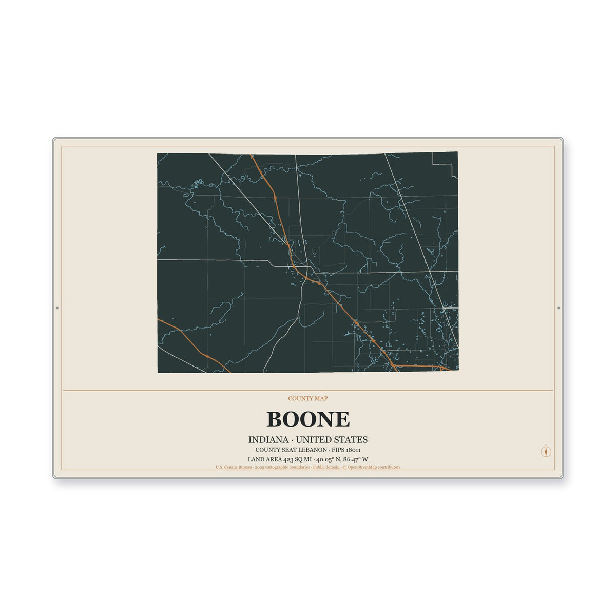 Boone County, Indiana Map Aluminum Sign in Headline Atlas style