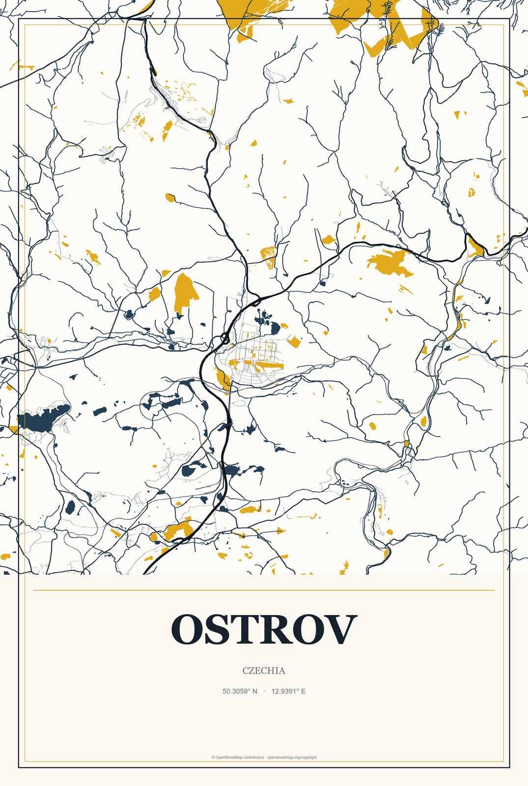 Ostrov, Czechia City Map Aluminum Sign in Citrine Modern style