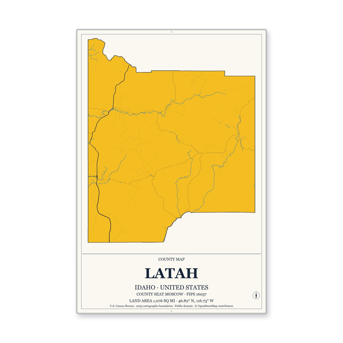 Latah County, Idaho Map Aluminum Sign in Citrine Modern style