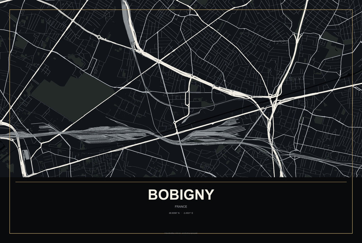Bobigny, France City Map Aluminum Sign in Metropolitan Noir style