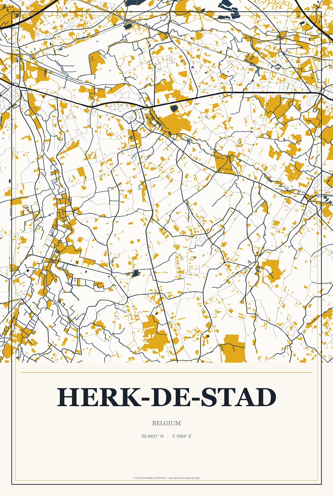 Herk-de-Stad, Belgium City Map Aluminum Sign in Citrine Modern style