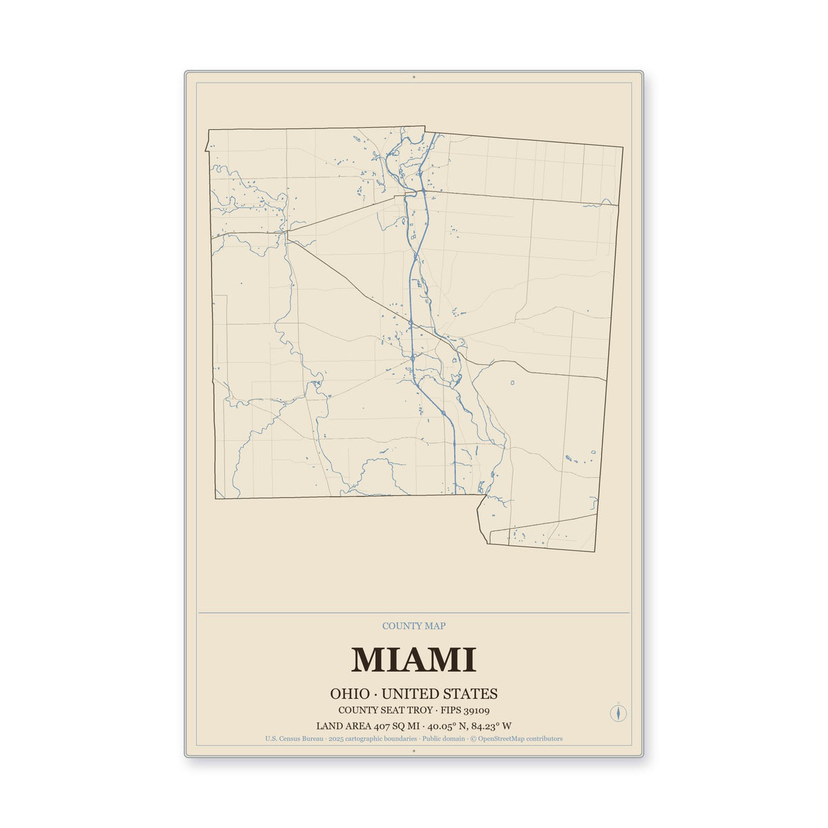Miami County, Ohio Map Aluminum Sign in Heritage Nautical style
