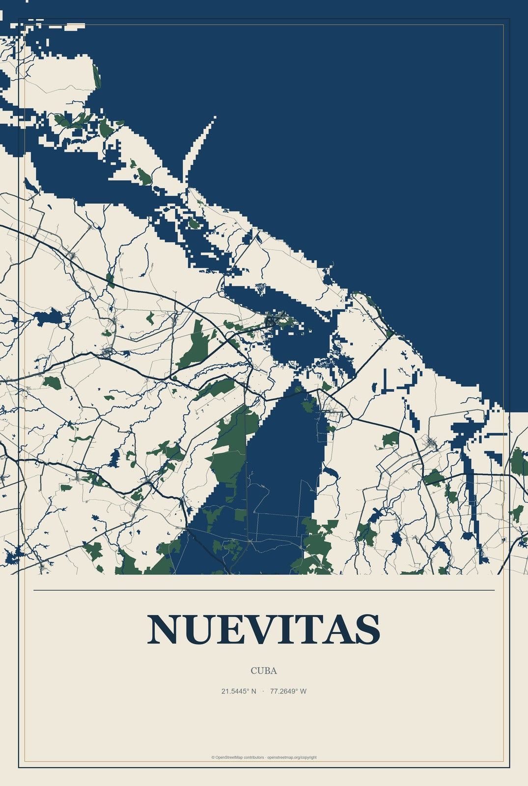 Nuevitas, Cuba City Map Aluminum Sign in Coastal Cutout style