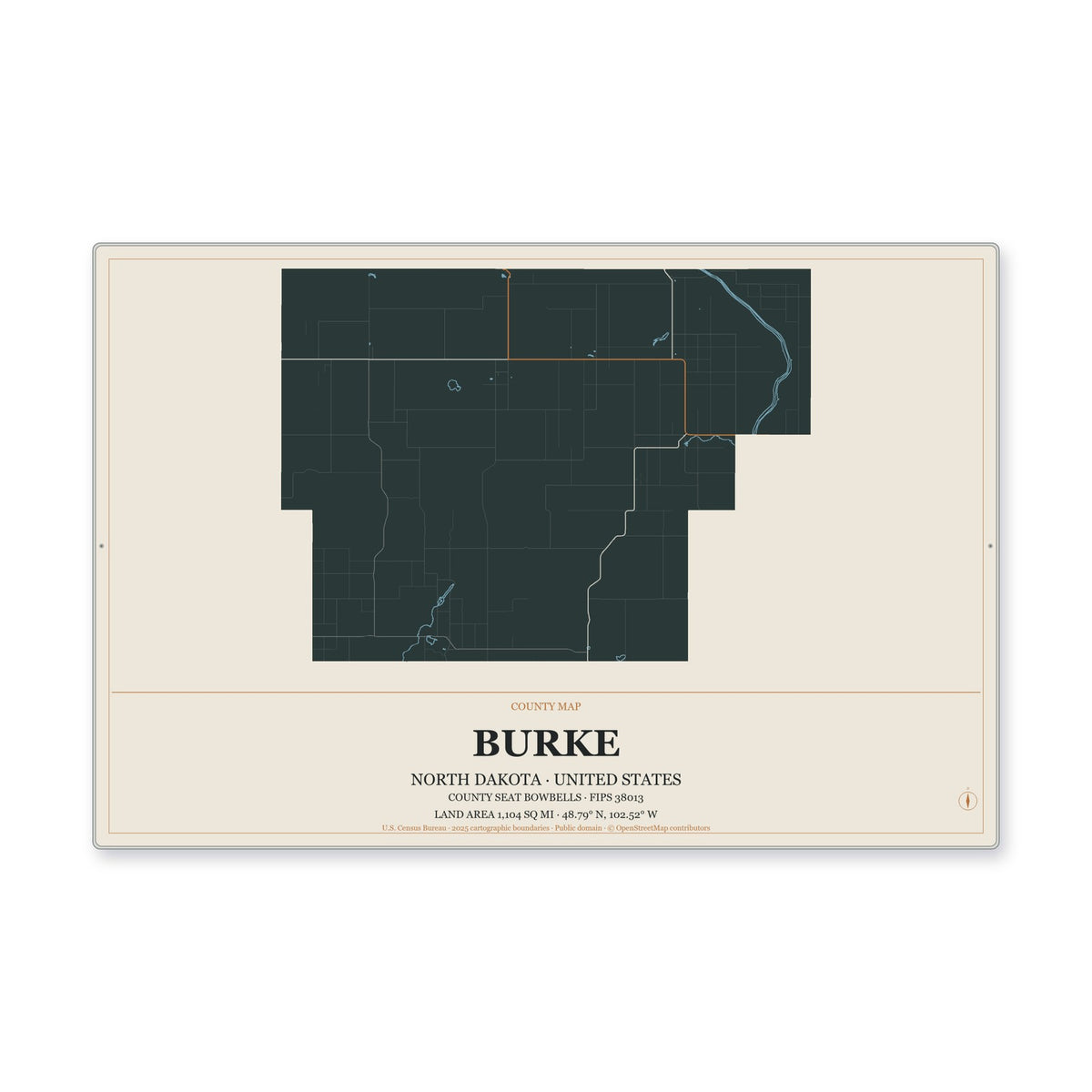 Burke County, North Dakota Map Aluminum Sign in Headline Atlas style
