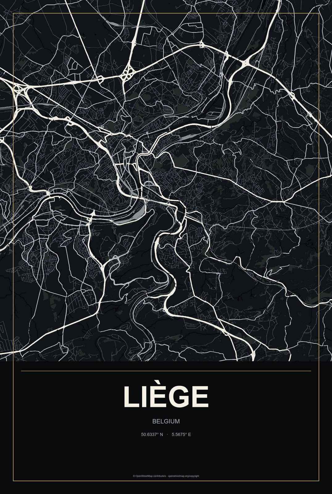 Liège, Belgium City Map Aluminum Sign in Metropolitan Noir style