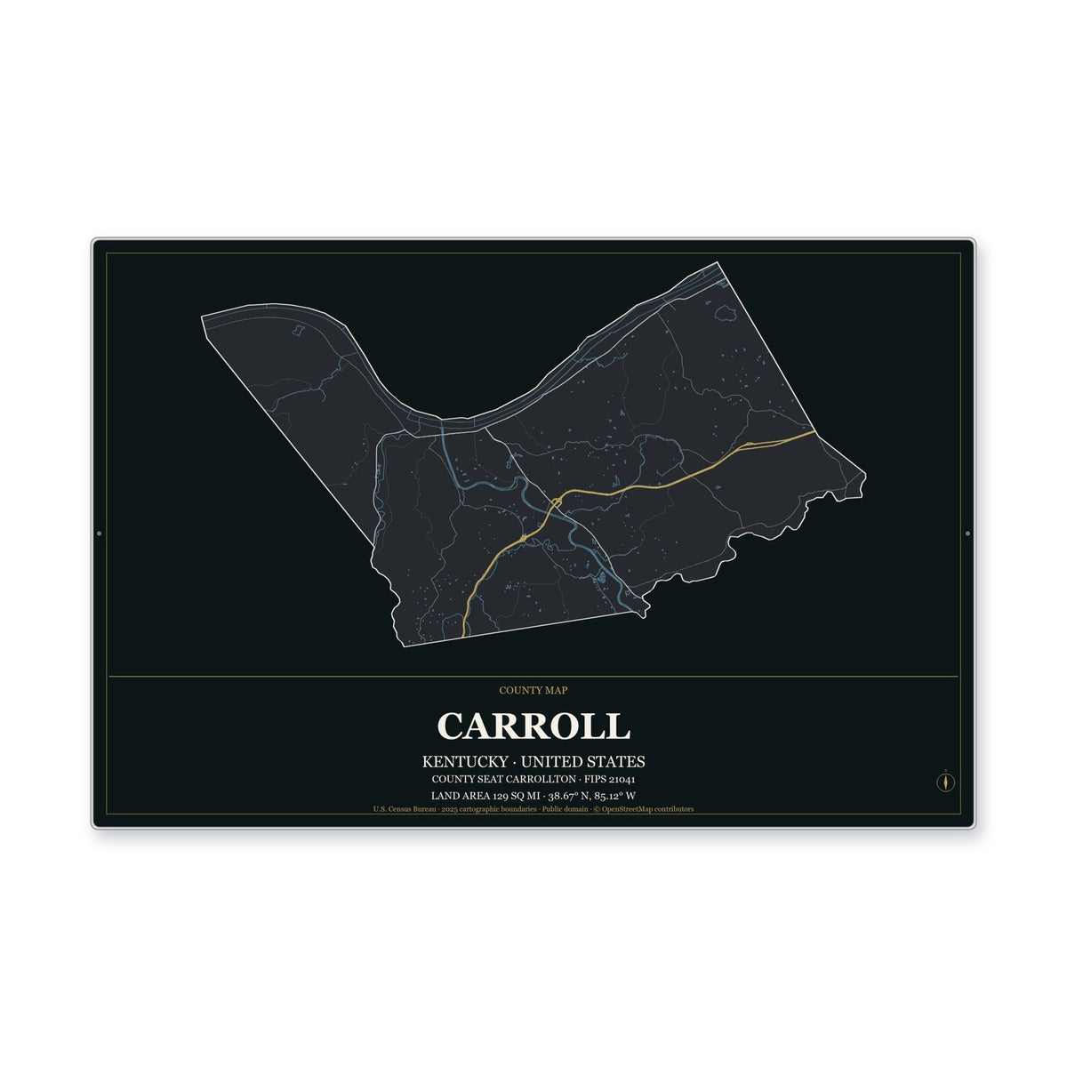 Carroll County, Kentucky Map Aluminum Sign in Metropolitan Noir style