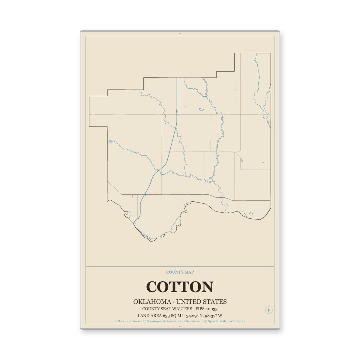 Cotton County, Oklahoma Map Aluminum Sign in Heritage Nautical style