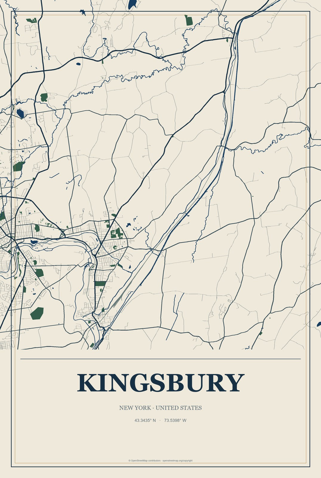 Kingsbury, New York City Map Aluminum Sign in Coastal Cutout style
