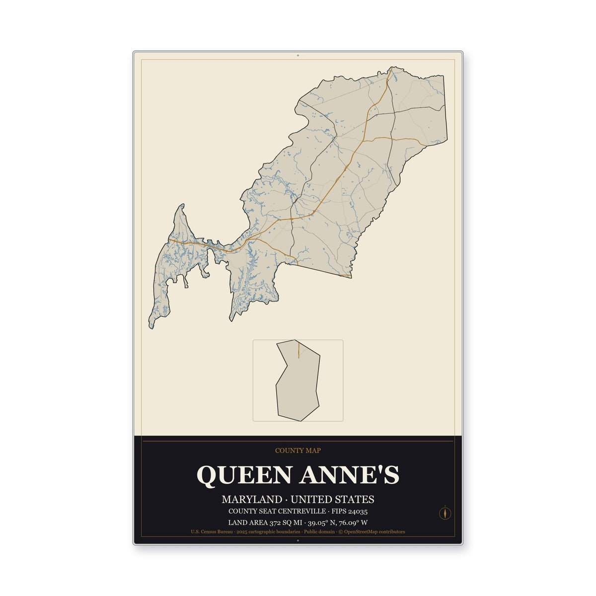 Queen Anne's County, Maryland Map Aluminum Sign in Museum Plaque style