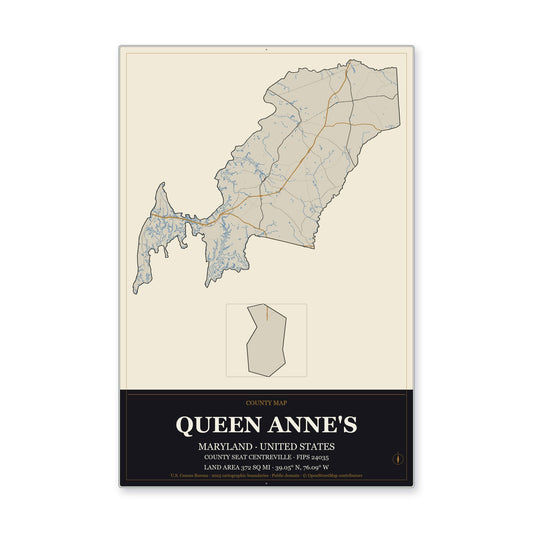 Queen Anne's County, Maryland Map Aluminum Sign in Museum Plaque style