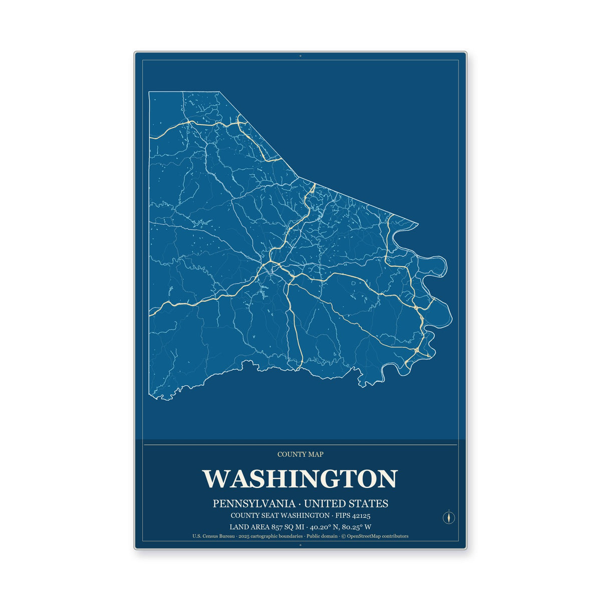 Washington County, Pennsylvania Map Aluminum Sign in Harbor Cobalt style