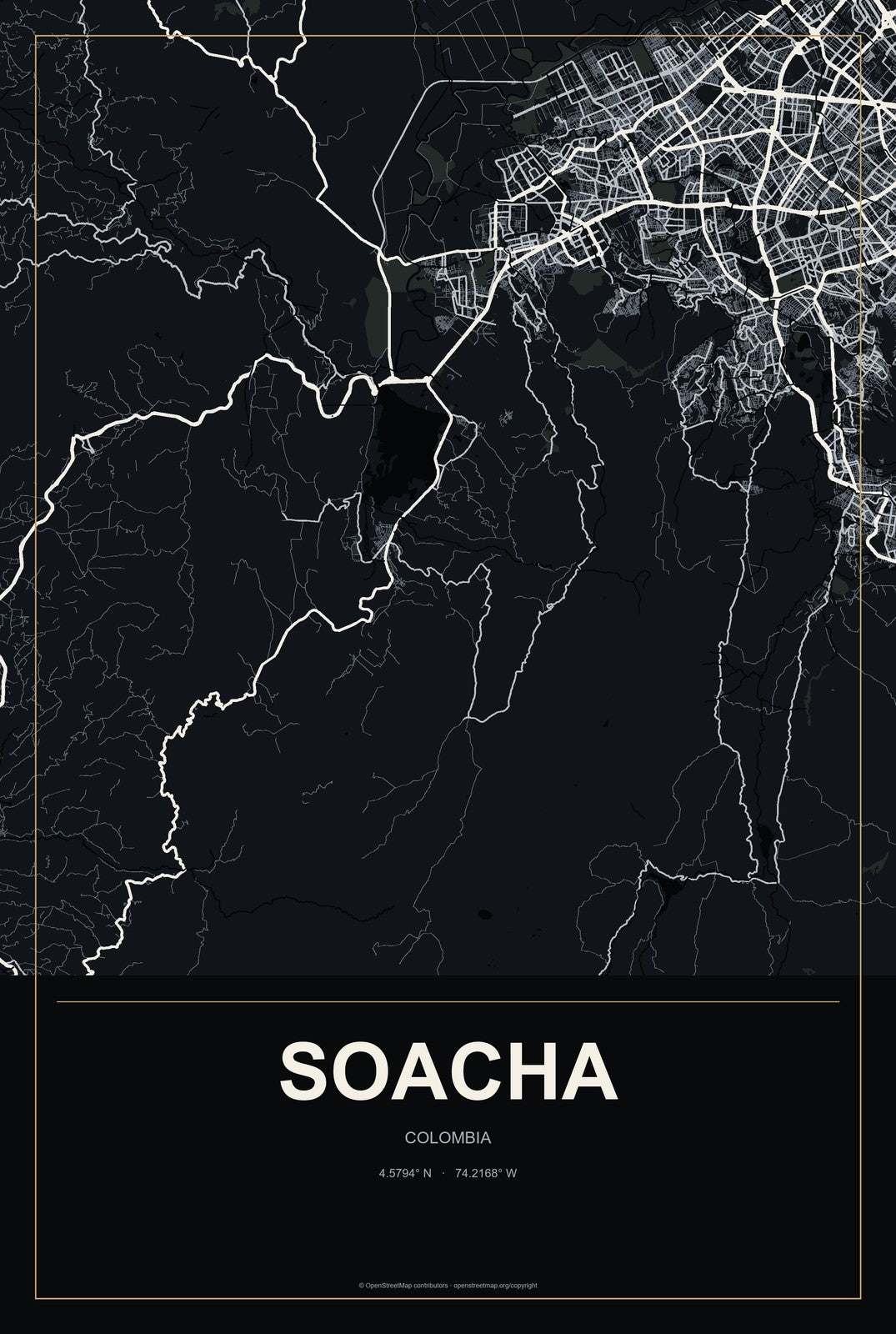 Soacha, Colombia City Map Aluminum Sign in Metropolitan Noir style