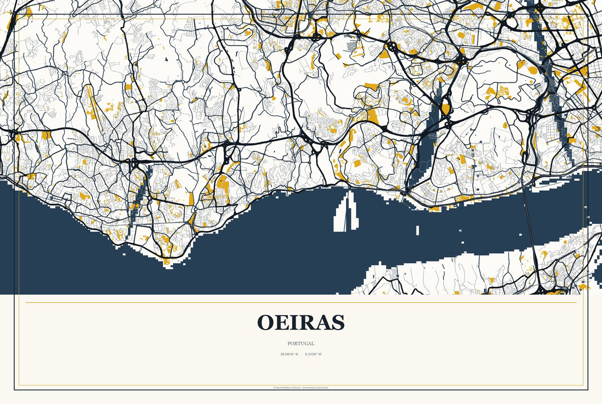 Oeiras, Portugal City Map Aluminum Sign in Citrine Modern style