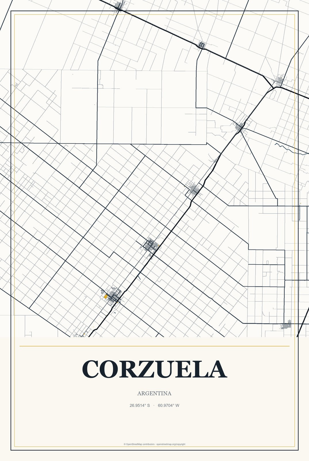 Corzuela, Argentina City Map Aluminum Sign in Citrine Modern style