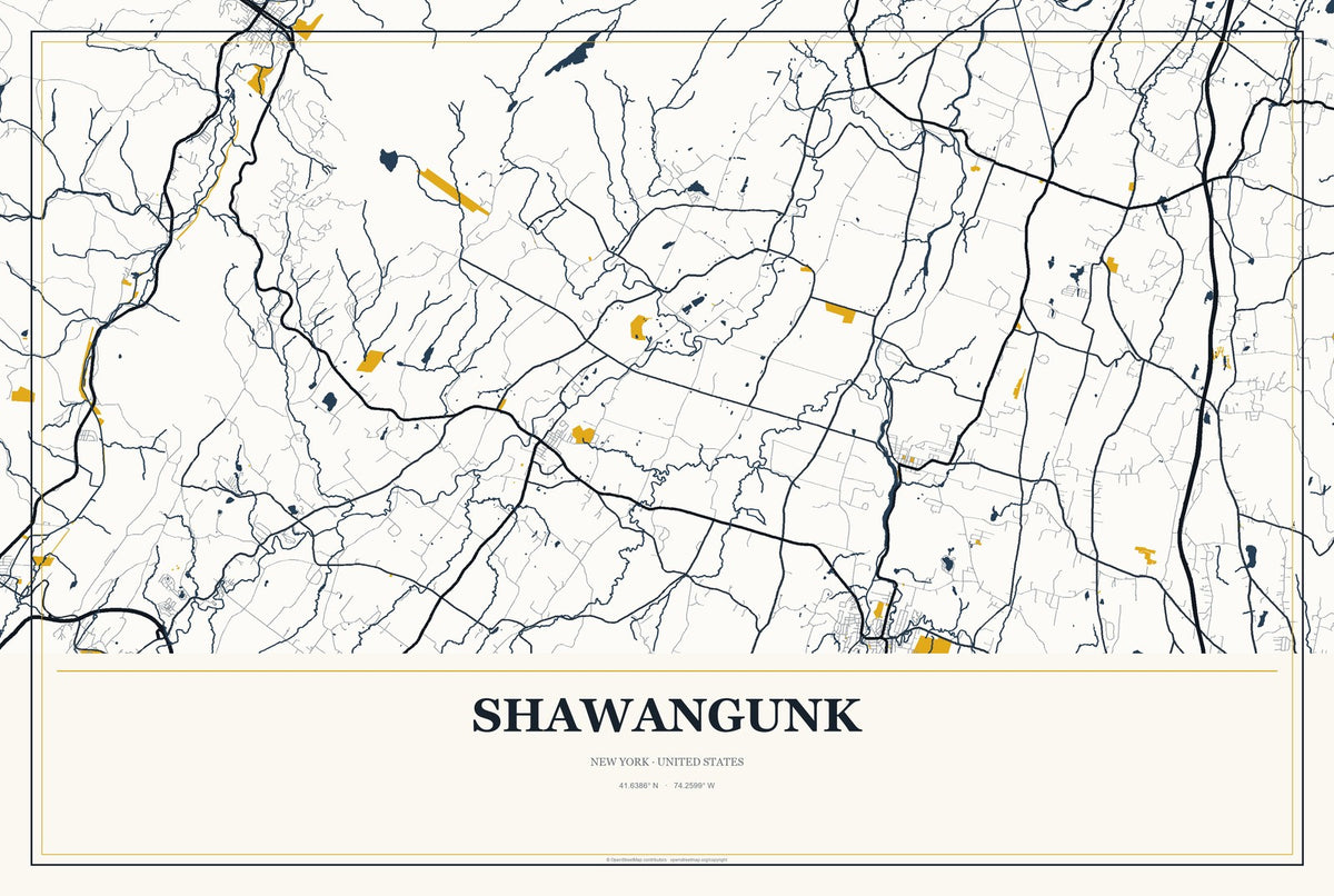 Shawangunk, New York City Map Aluminum Sign in Citrine Modern style