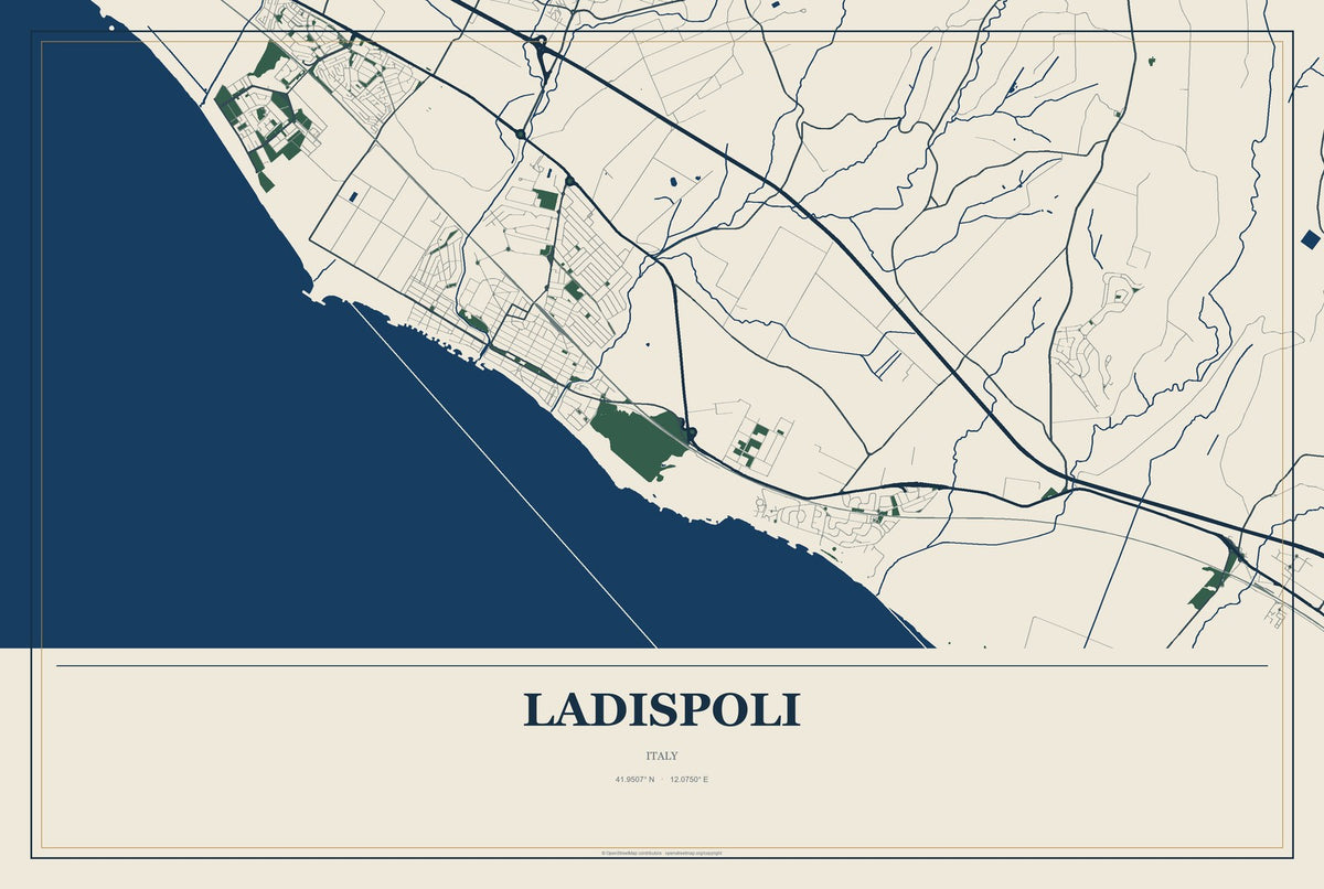 Ladispoli, Italy City Map Aluminum Sign in Coastal Cutout style