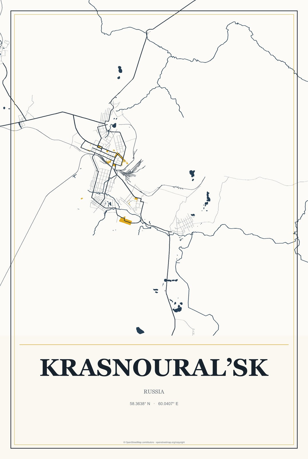 Krasnoural’sk, Russia City Map Aluminum Sign in Citrine Modern style