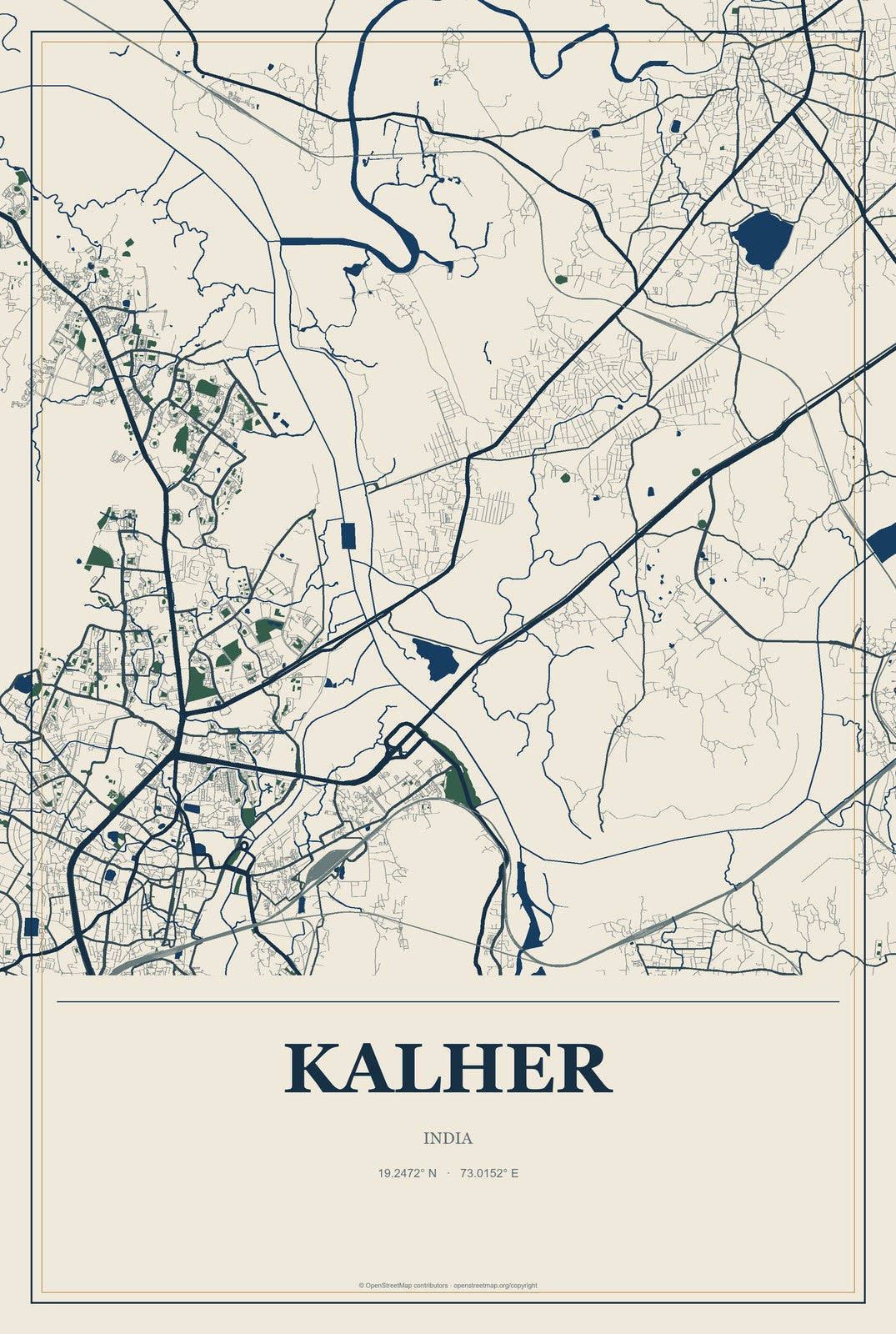 Kalher, India City Map Aluminum Sign in Coastal Cutout style