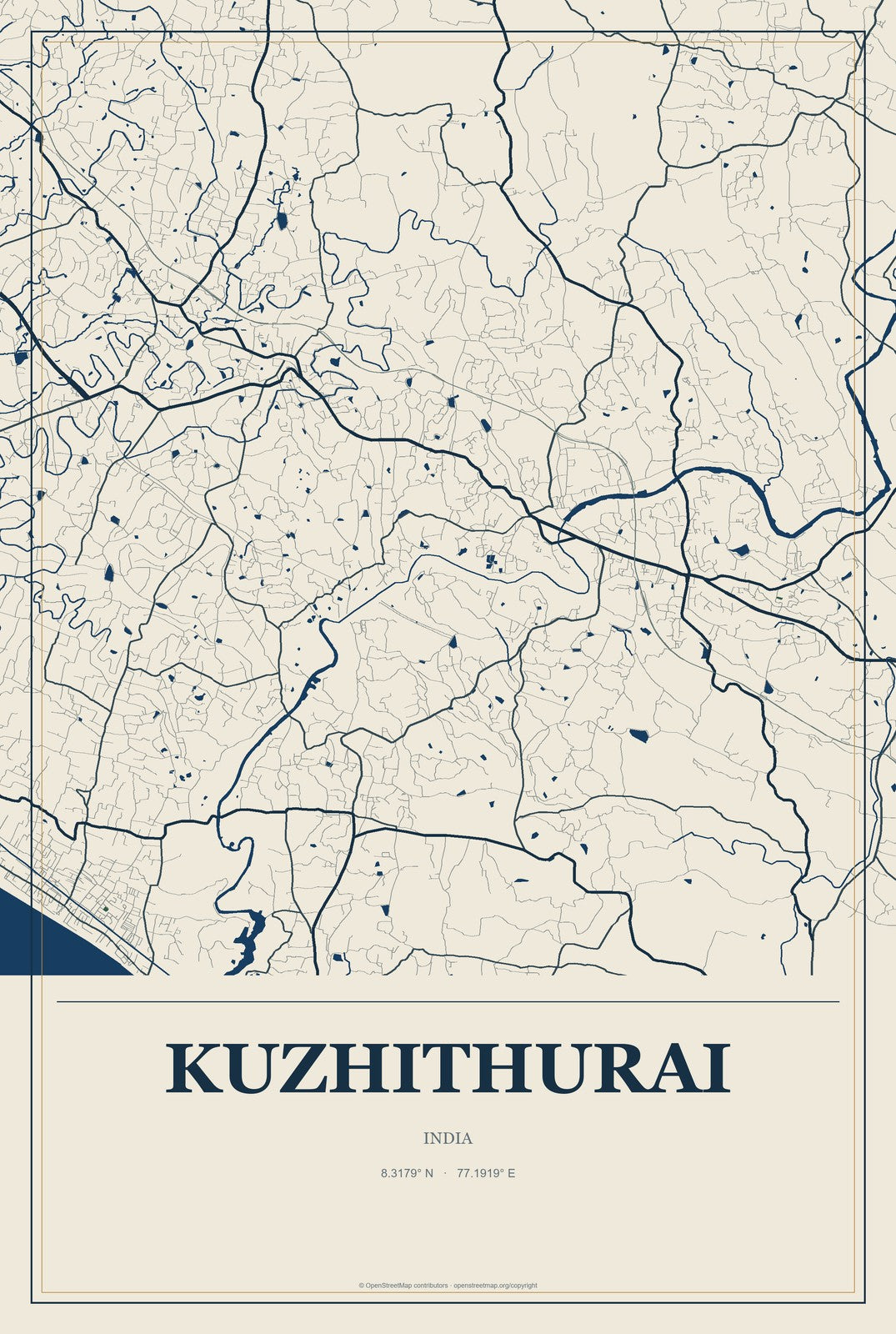 Kuzhithurai, India City Map Aluminum Sign in Coastal Cutout style