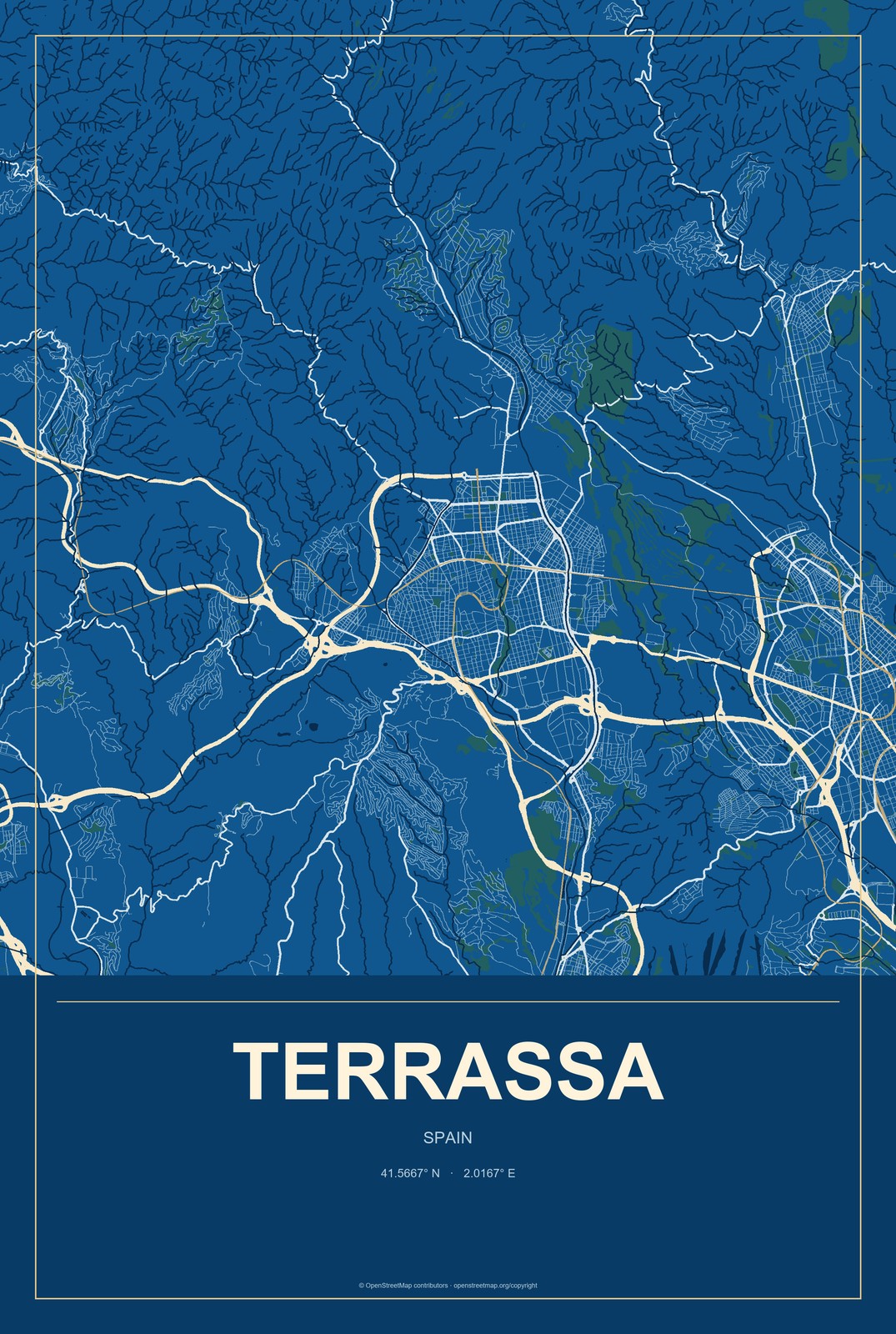 Terrassa, Spain City Map Aluminum Sign in Harbor Cobalt style