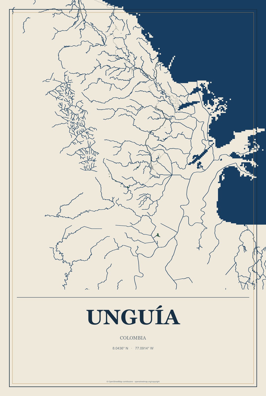 Unguía, Colombia City Map Aluminum Sign in Coastal Cutout style