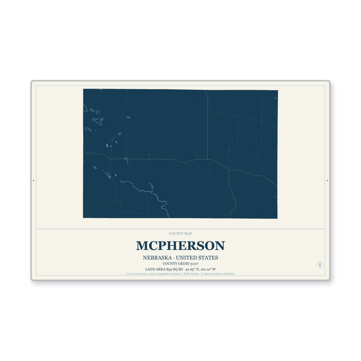 McPherson County, Nebraska Map Aluminum Sign in Coastal Cutout style