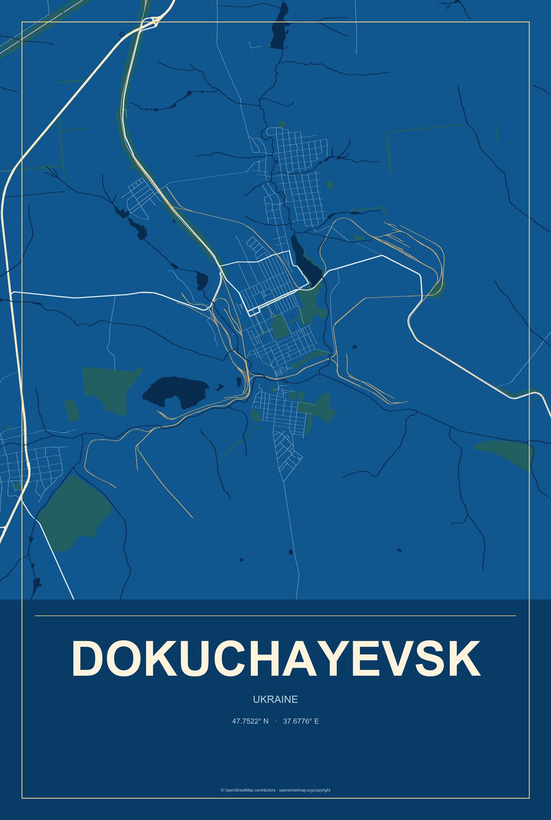Dokuchayevsk, Ukraine City Map Aluminum Sign in Harbor Cobalt style