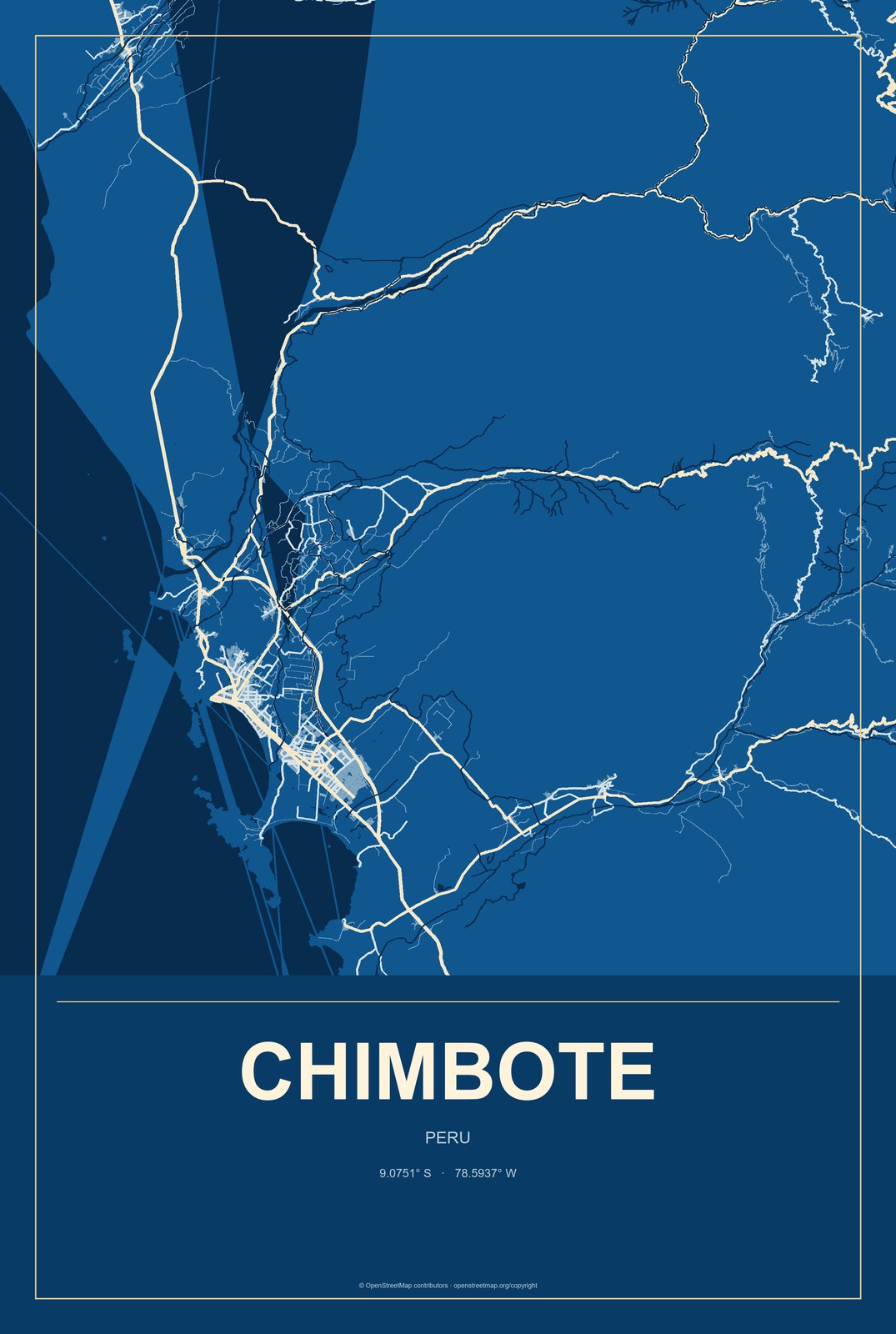 Chimbote, Peru City Map Aluminum Sign in Harbor Cobalt style
