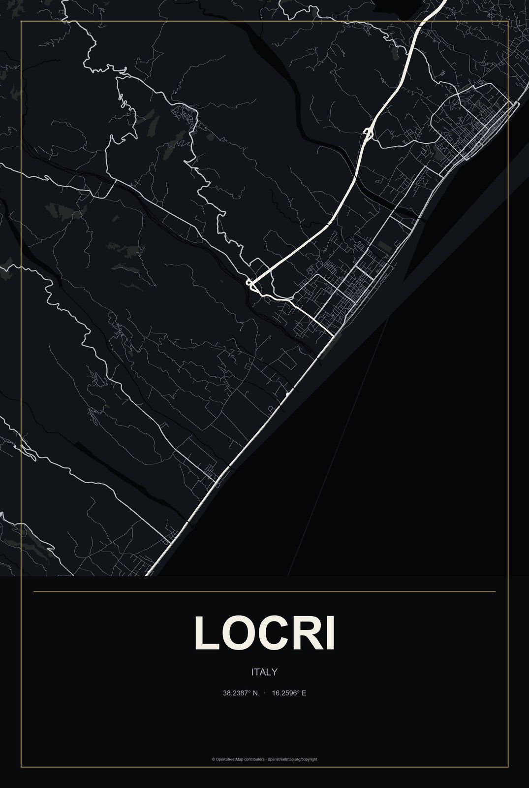 Locri, Italy City Map Aluminum Sign in Metropolitan Noir style