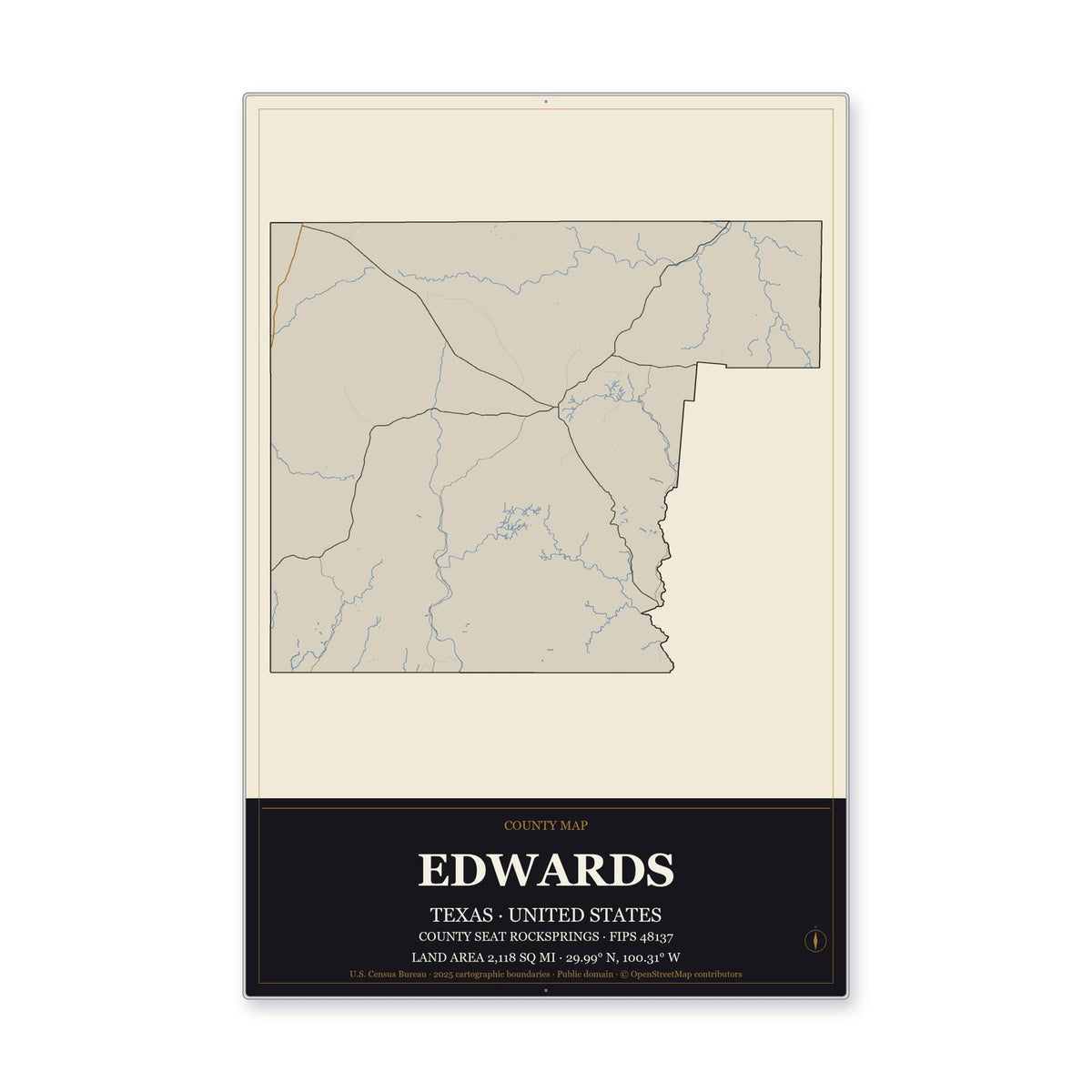 Edwards County, Texas Map Aluminum Sign in Museum Plaque style