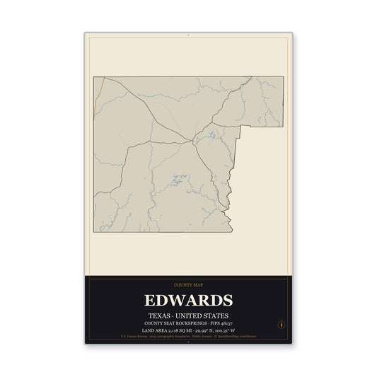 Edwards County, Texas Map Aluminum Sign in Museum Plaque style