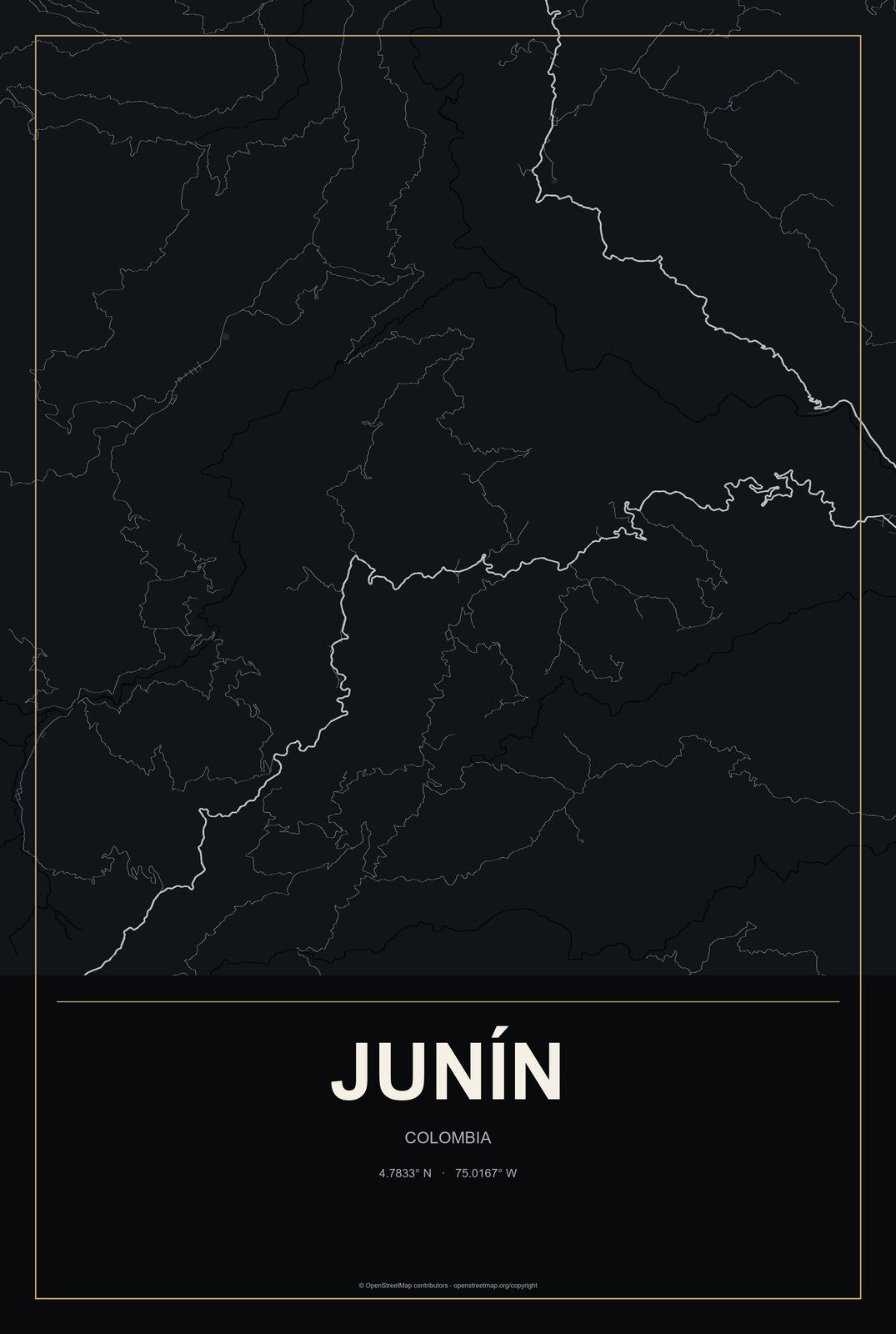 Junín, Colombia City Map Aluminum Sign in Metropolitan Noir style