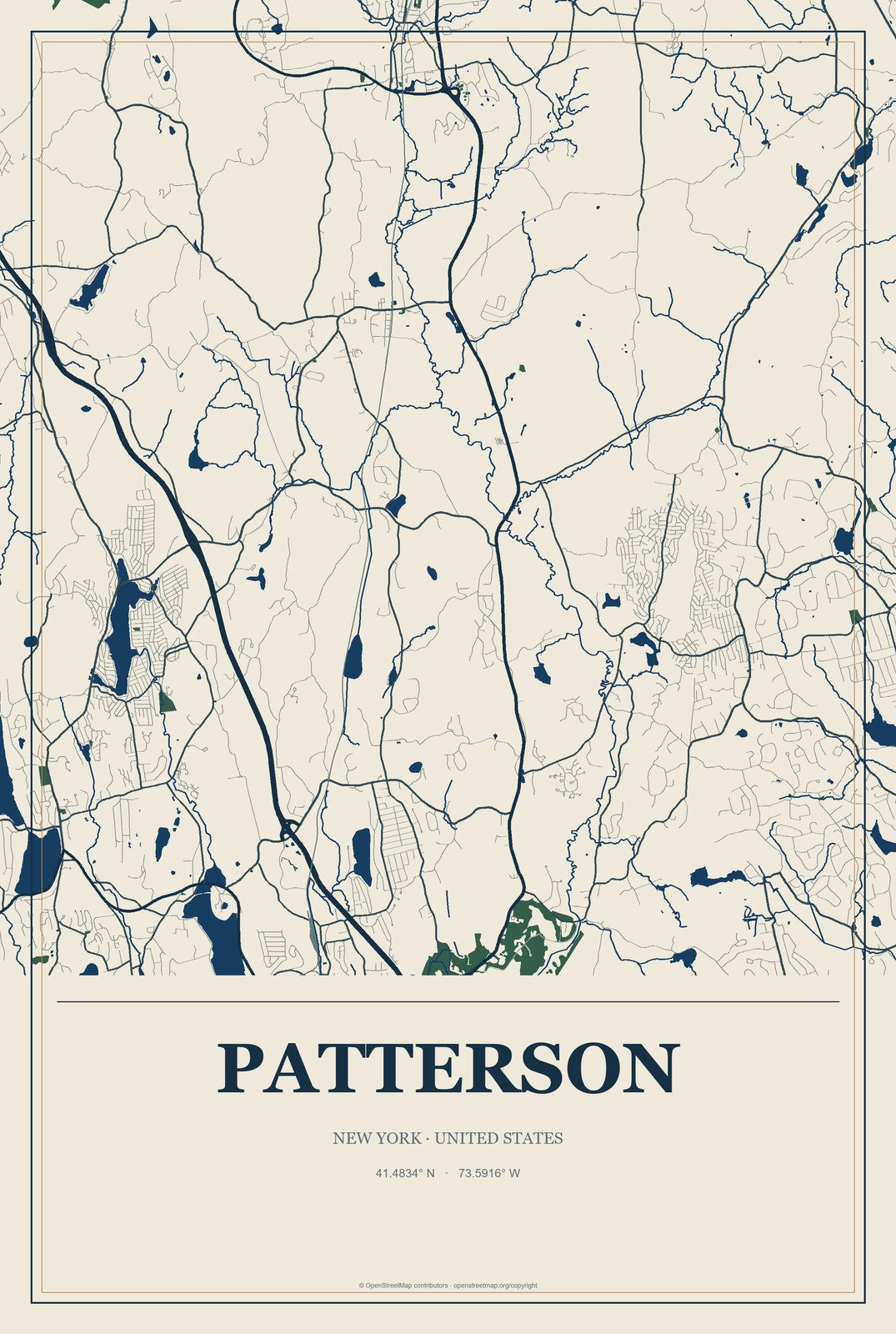Patterson, New York City Map Aluminum Sign in Coastal Cutout style