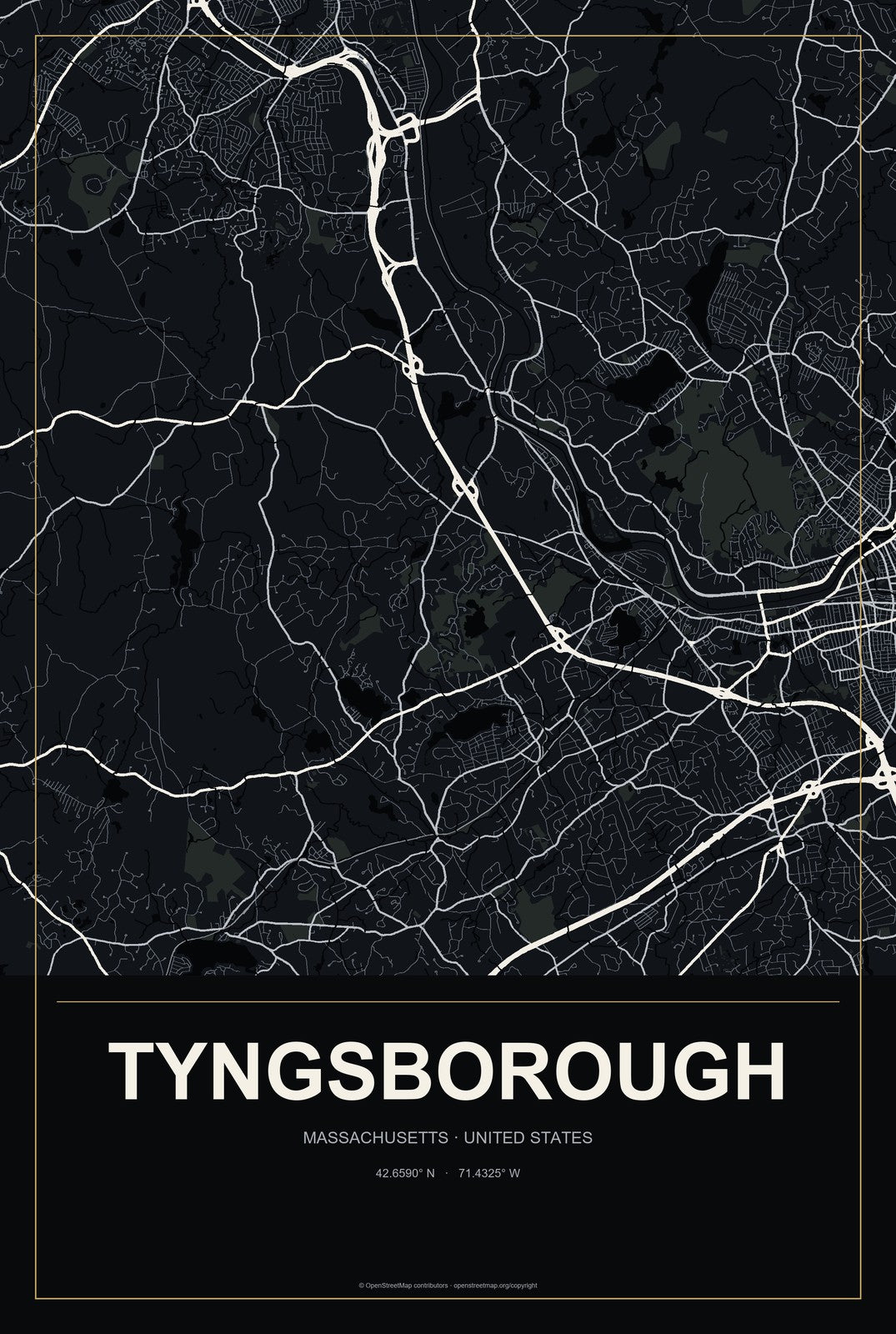 Tyngsborough, Massachusetts City Map Aluminum Sign in Metropolitan Noir style