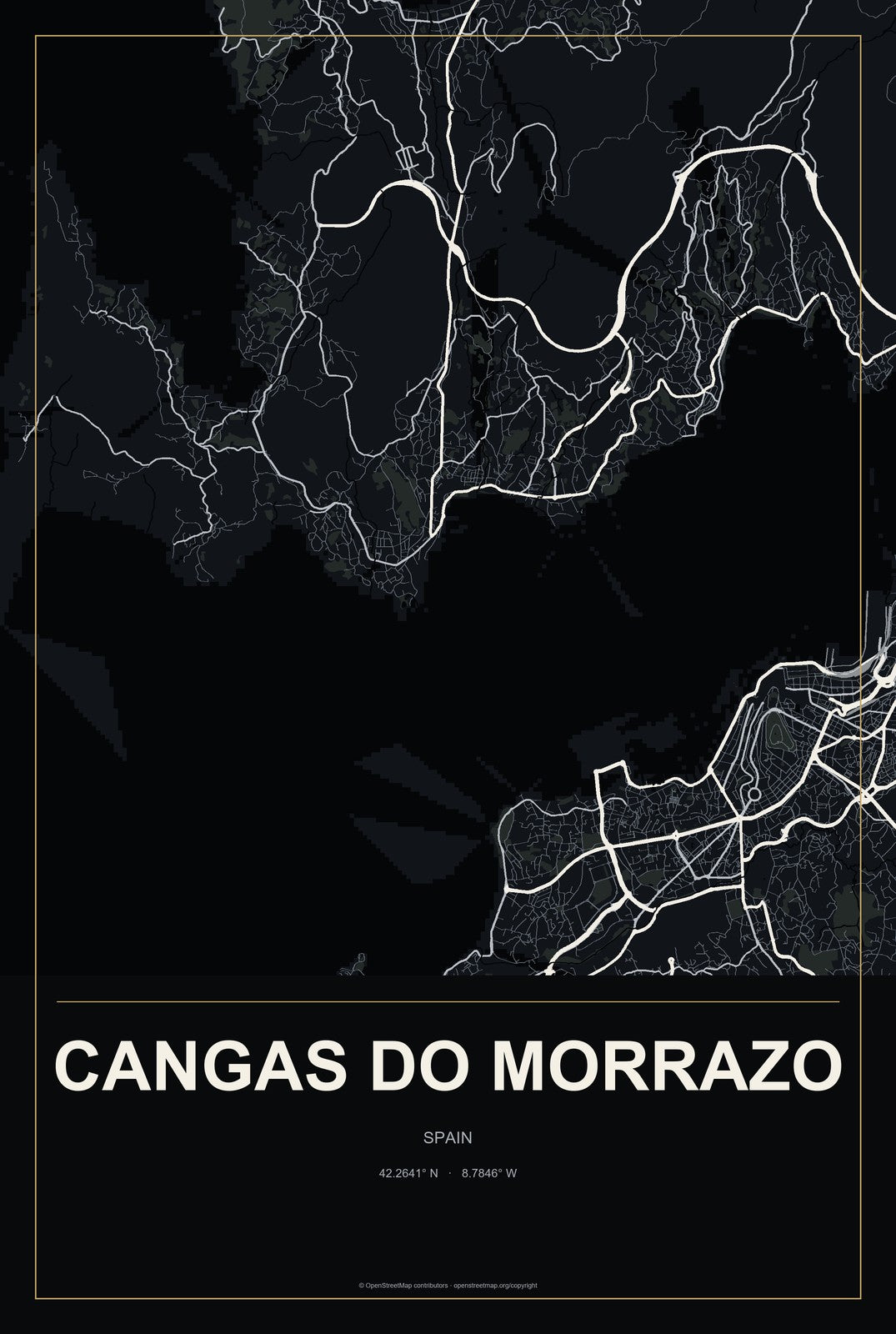 Cangas do Morrazo, Spain City Map Aluminum Sign in Metropolitan Noir style