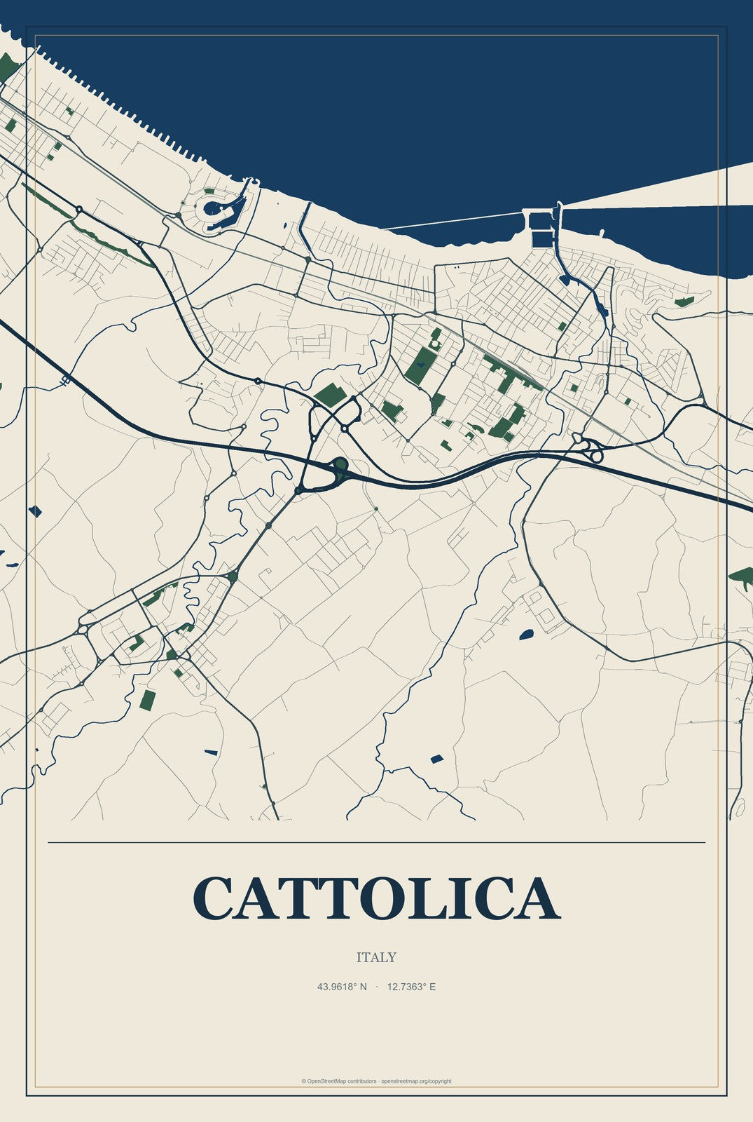 Cattolica, Italy City Map Aluminum Sign in Coastal Cutout style