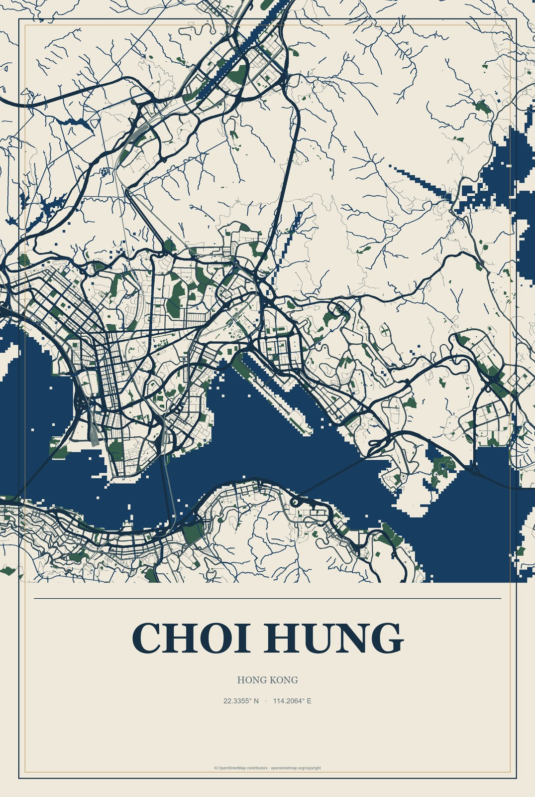 Choi Hung, Hong Kong City Map Aluminum Sign in Coastal Cutout style