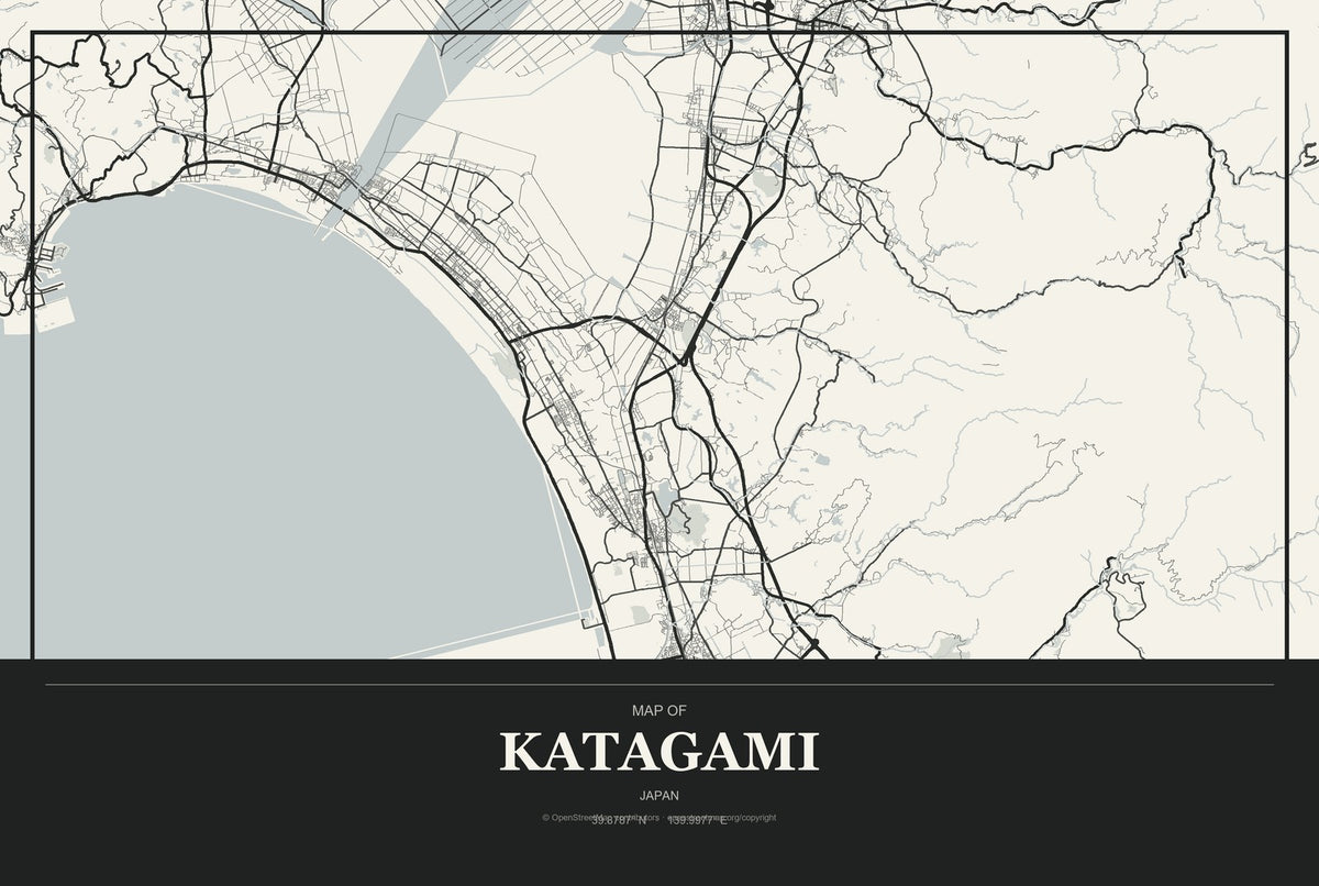 Katagami, Japan City Map Aluminum Sign in Museum Plaque style