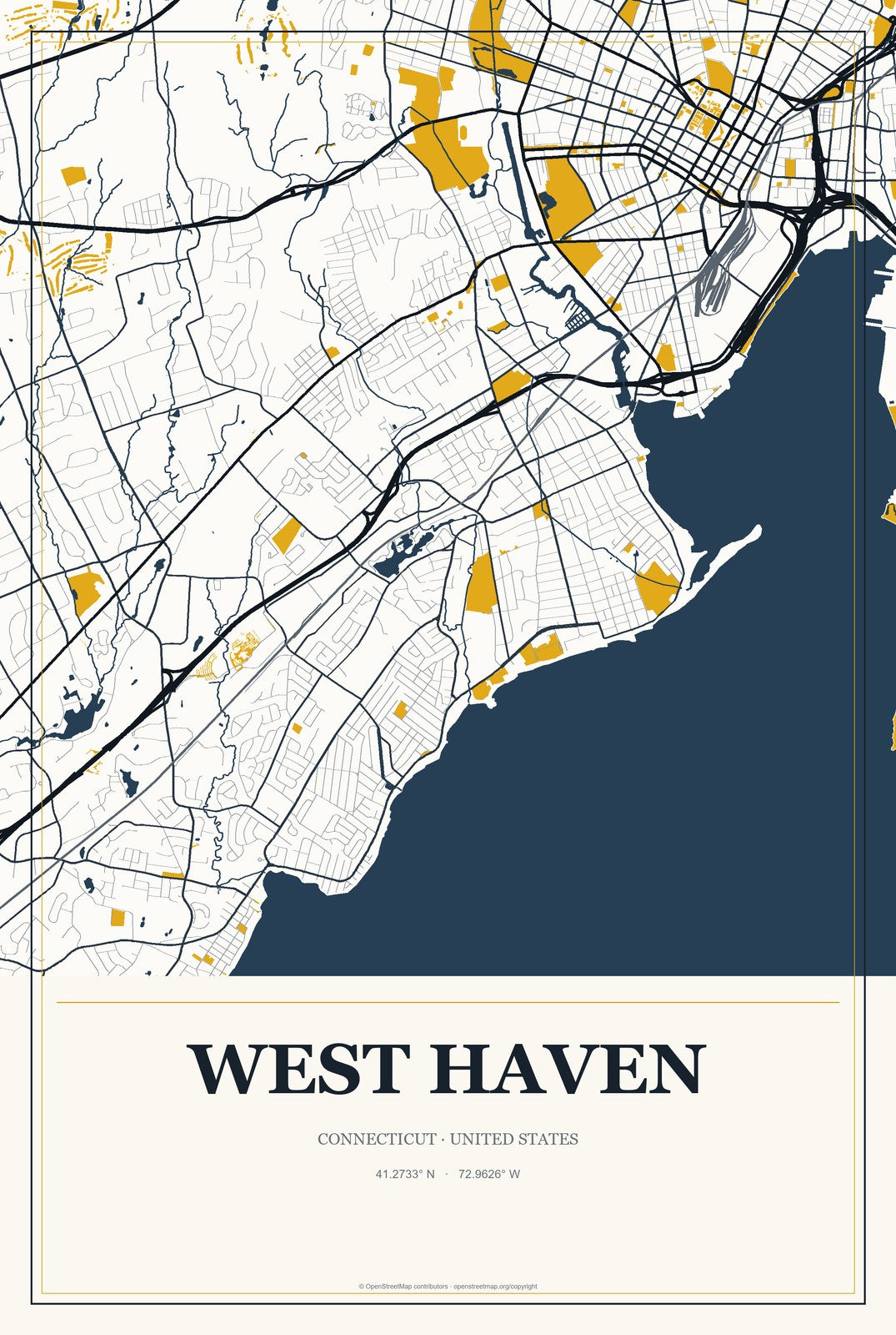 West Haven, Connecticut City Map Aluminum Sign in Citrine Modern style