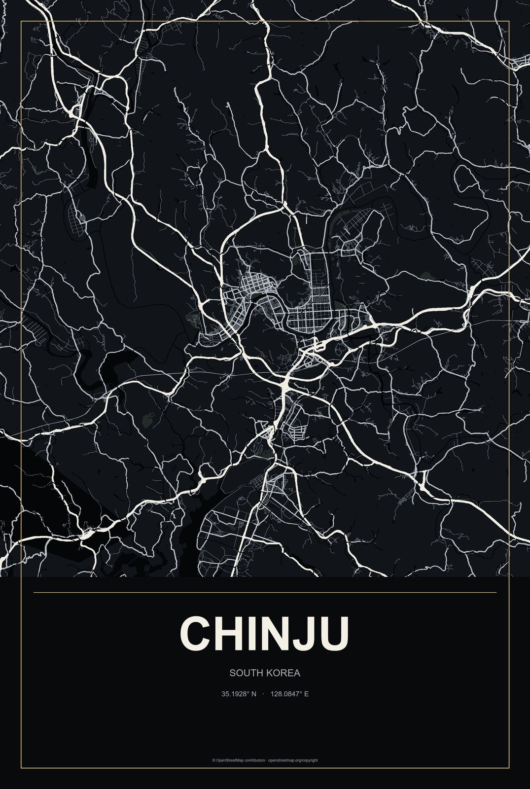 Chinju, South Korea City Map Aluminum Sign in Metropolitan Noir style