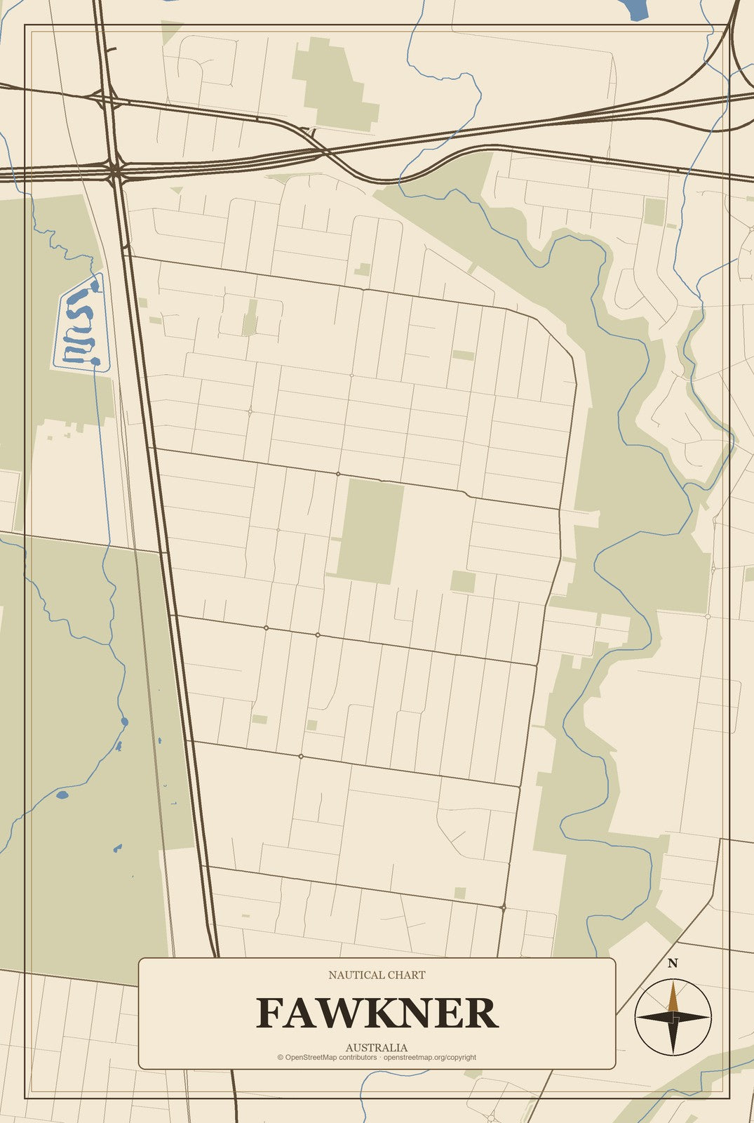 Fawkner, Australia City Map Aluminum Sign in Heritage Nautical style