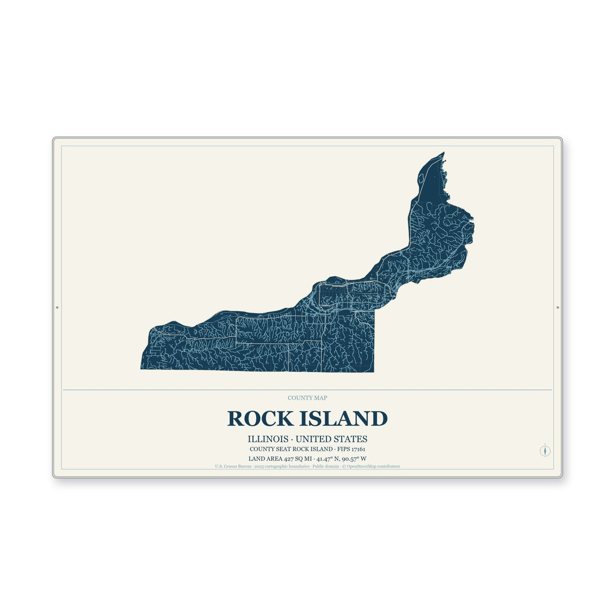 Rock Island County, Illinois Map Aluminum Sign in Coastal Cutout style