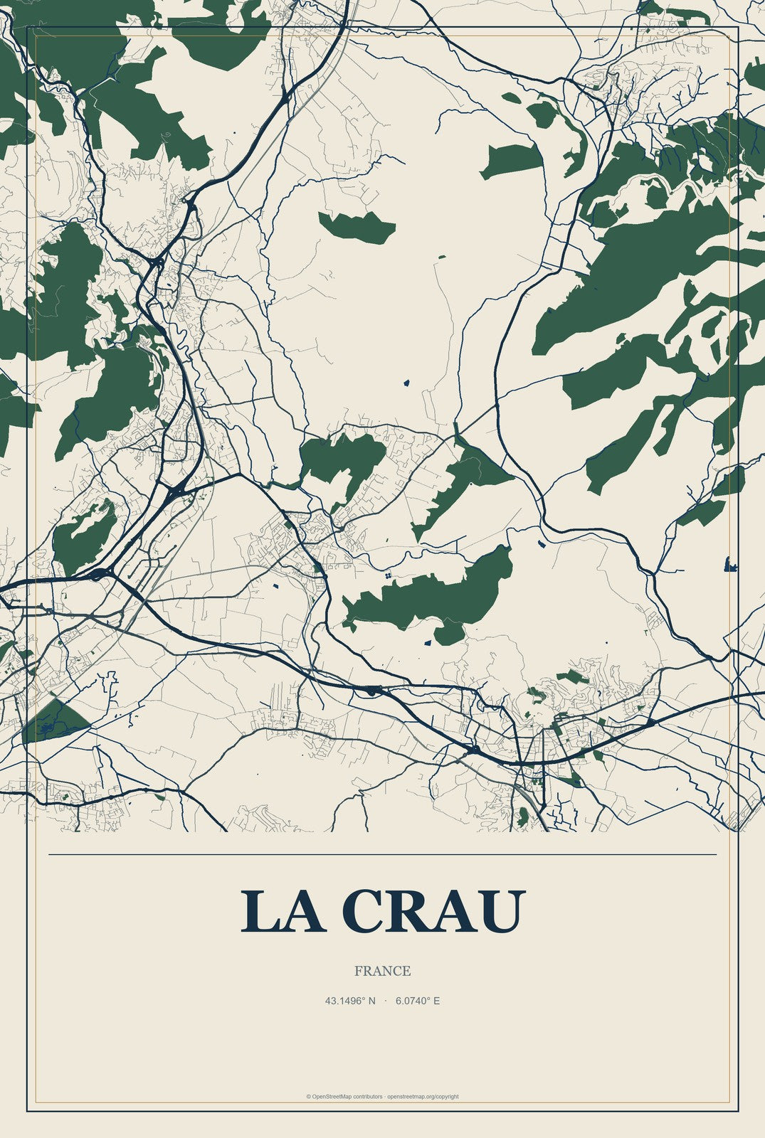 La Crau, France City Map Aluminum Sign in Coastal Cutout style