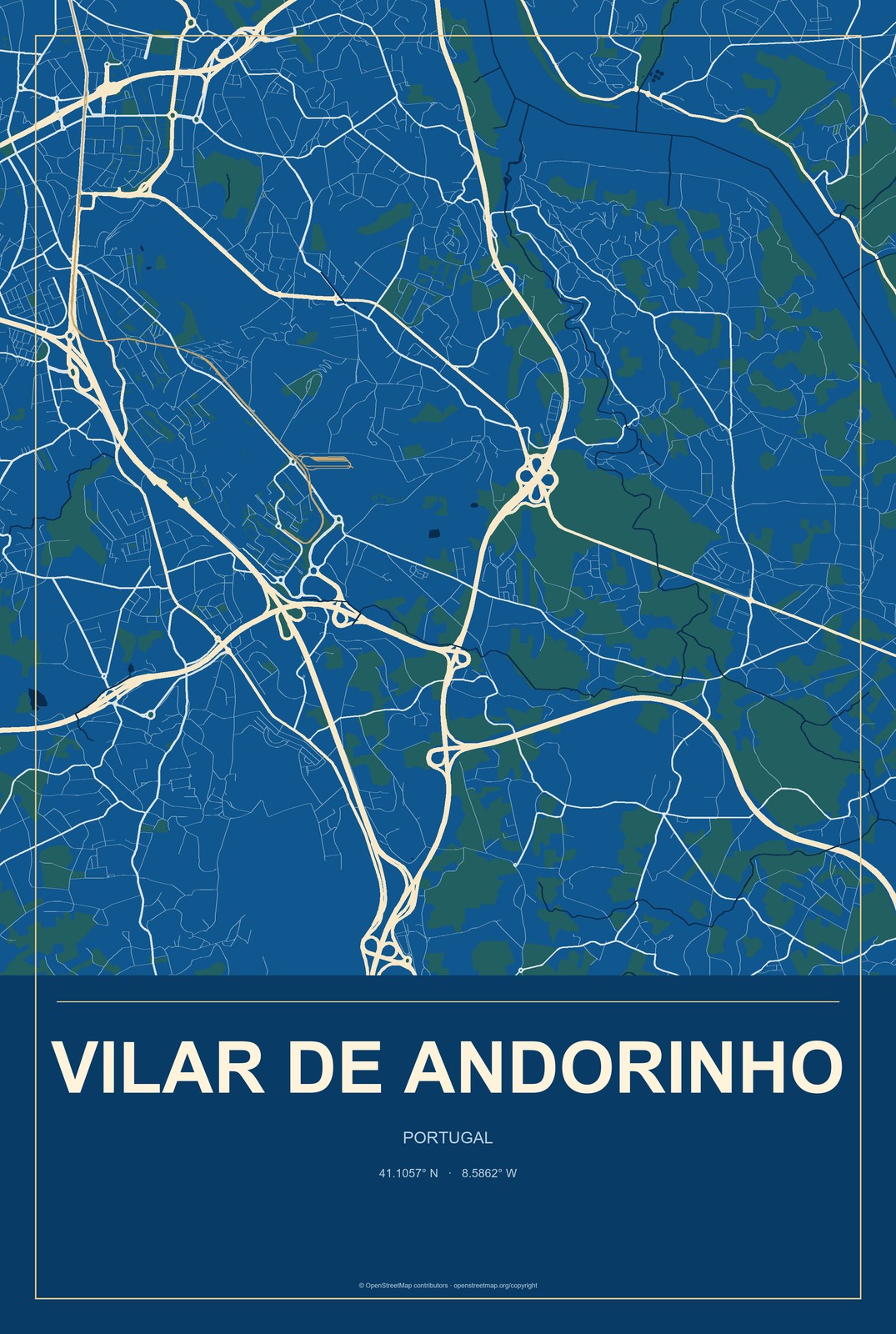 Vilar de Andorinho, Portugal City Map Aluminum Sign in Harbor Cobalt style