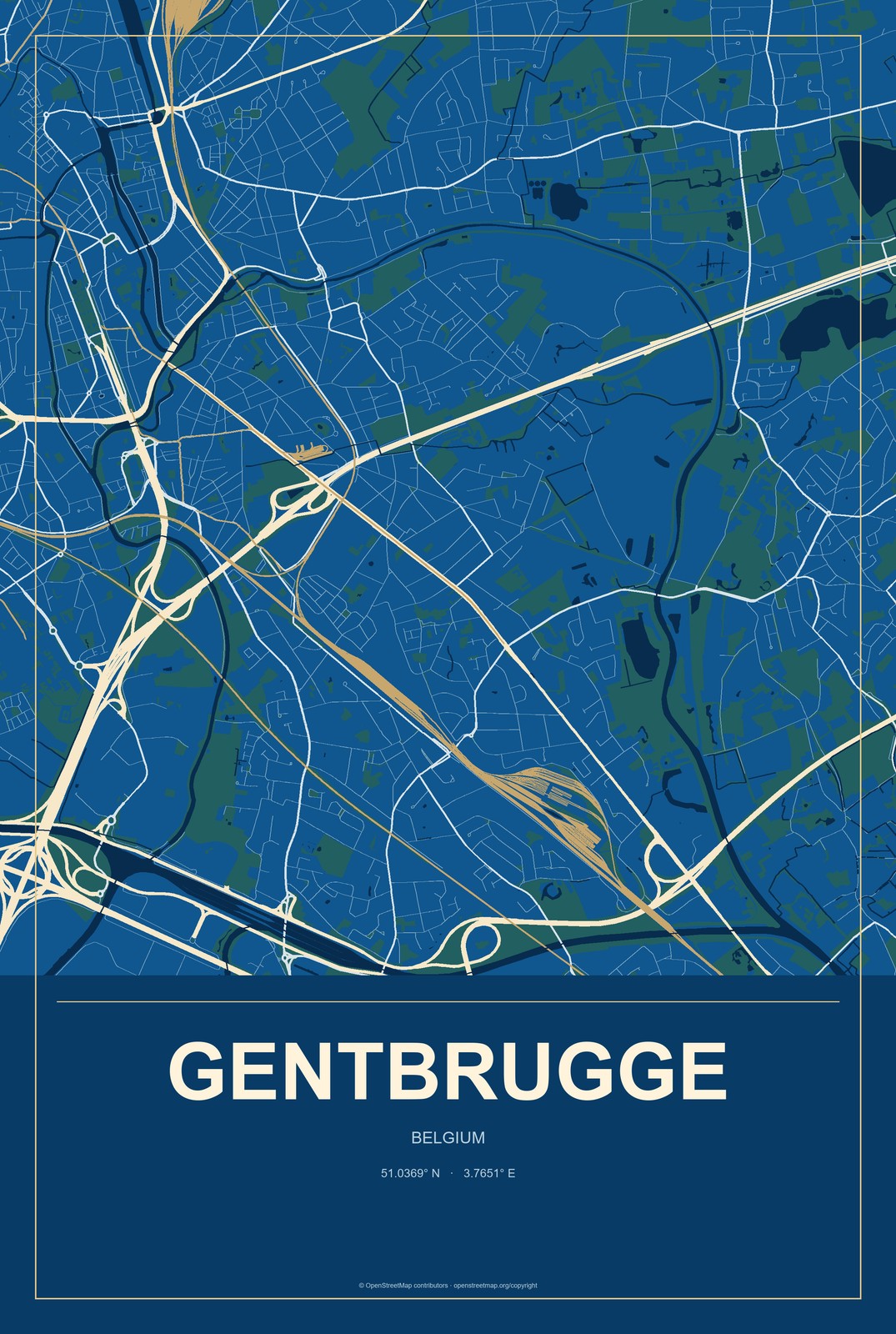 Gentbrugge, Belgium City Map Aluminum Sign in Harbor Cobalt style