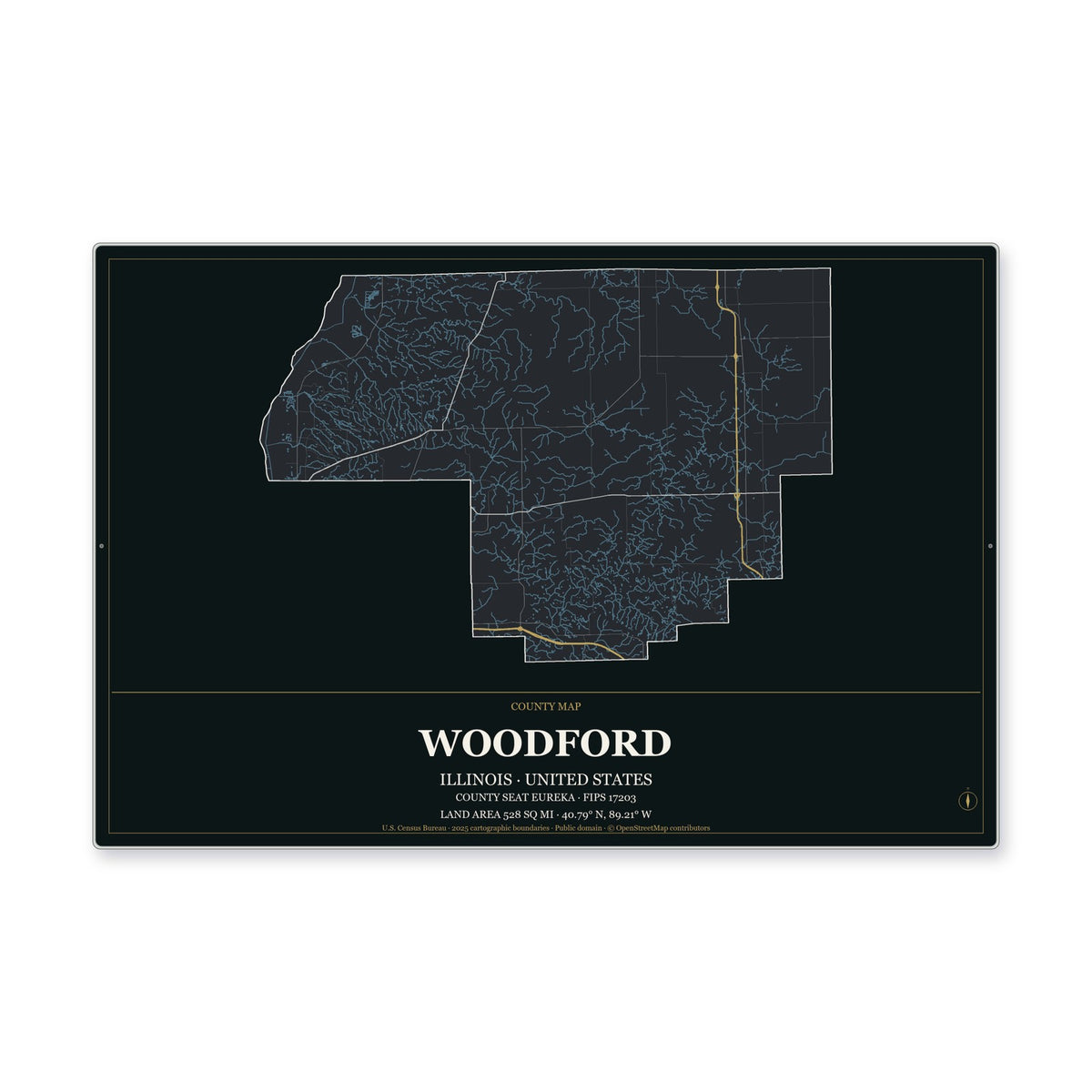 Woodford County, Illinois Map Aluminum Sign in Metropolitan Noir style