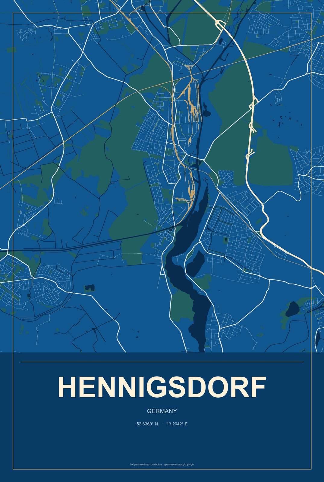 Hennigsdorf, Germany City Map Aluminum Sign in Harbor Cobalt style
