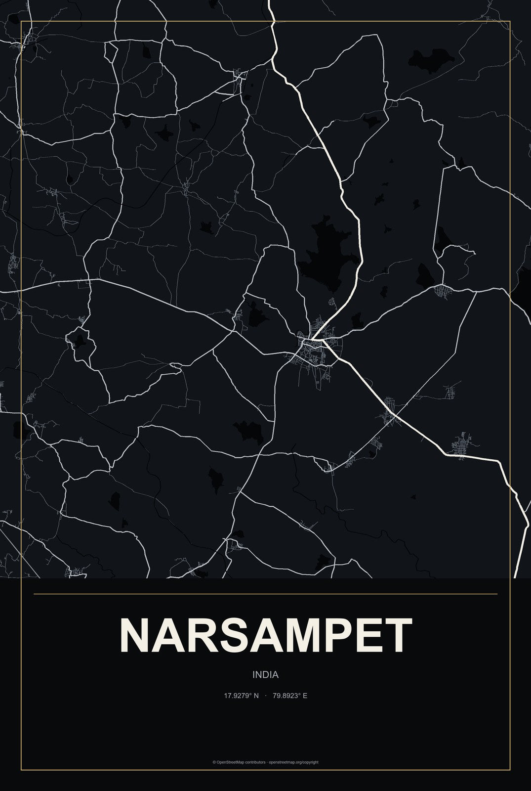 Narsampet, India City Map Aluminum Sign in Metropolitan Noir style