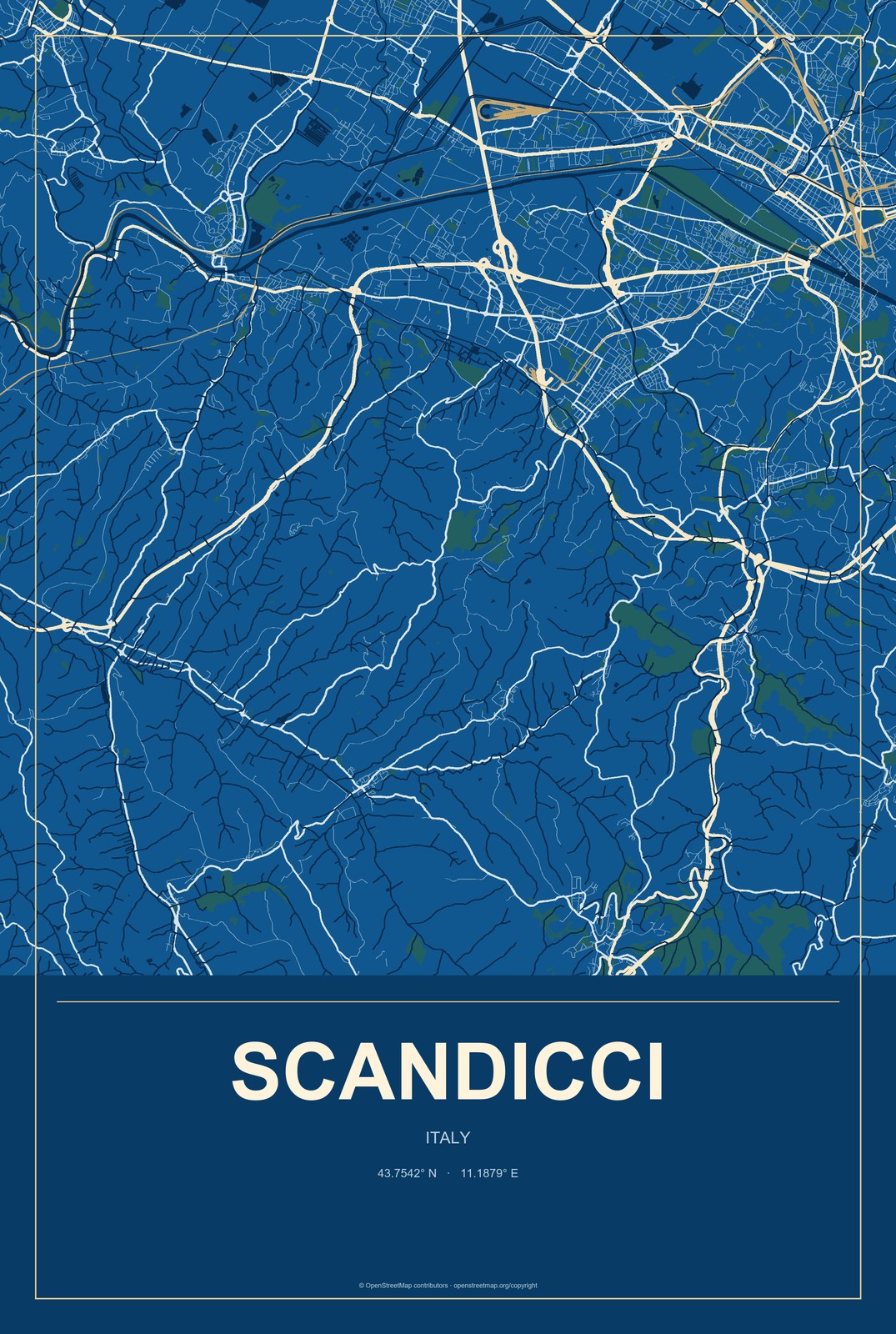 Scandicci, Italy City Map Aluminum Sign in Harbor Cobalt style