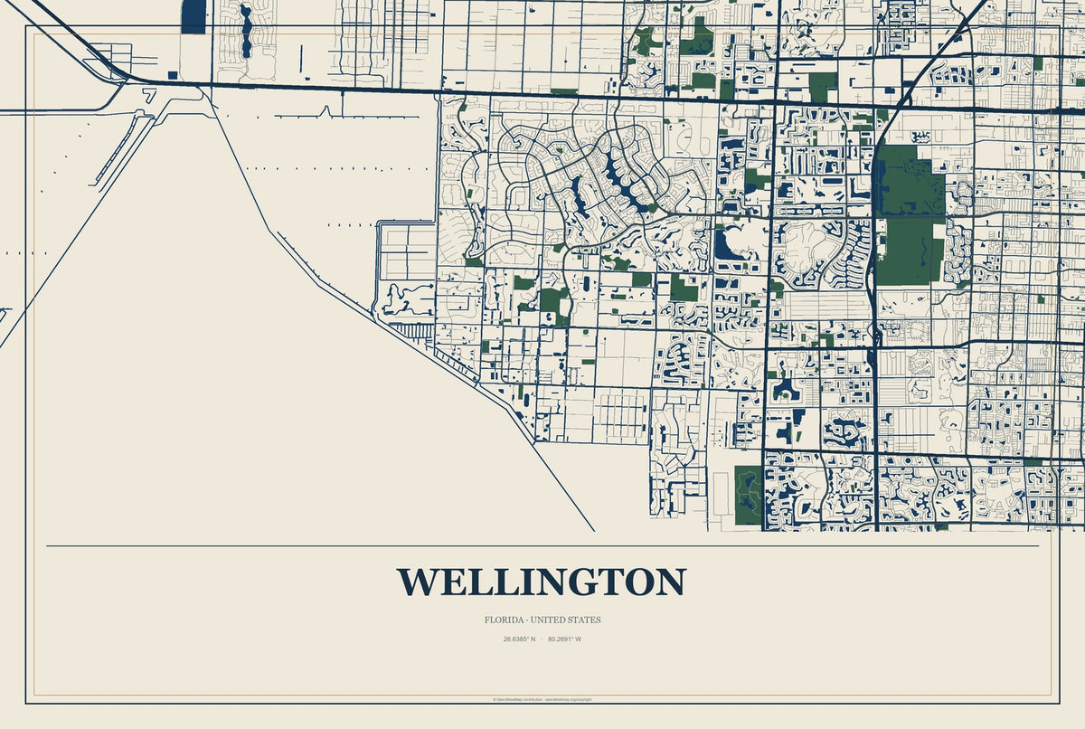 Wellington, Florida City Map Aluminum Sign in Coastal Cutout style